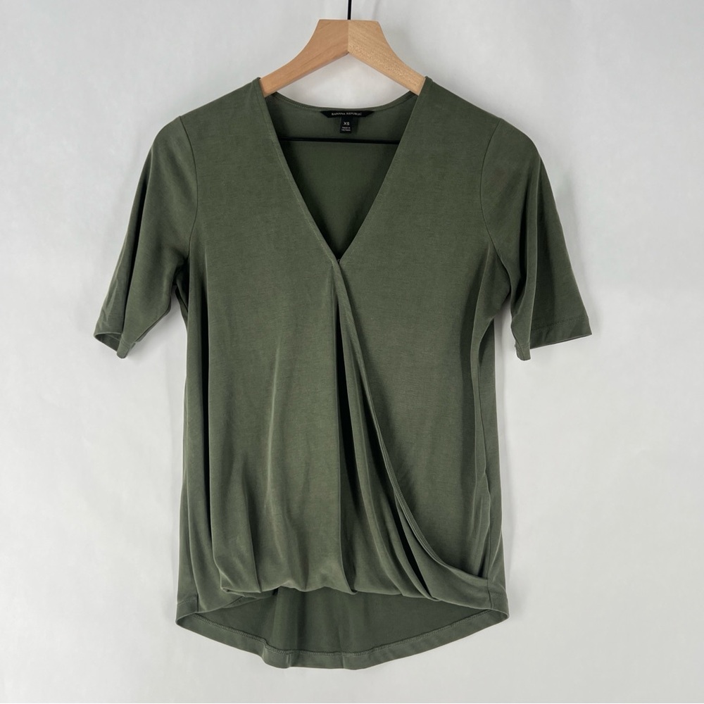 Banana Republic Soft Modal Olive Green Short Sleeve Faux Wrap Top Size XS